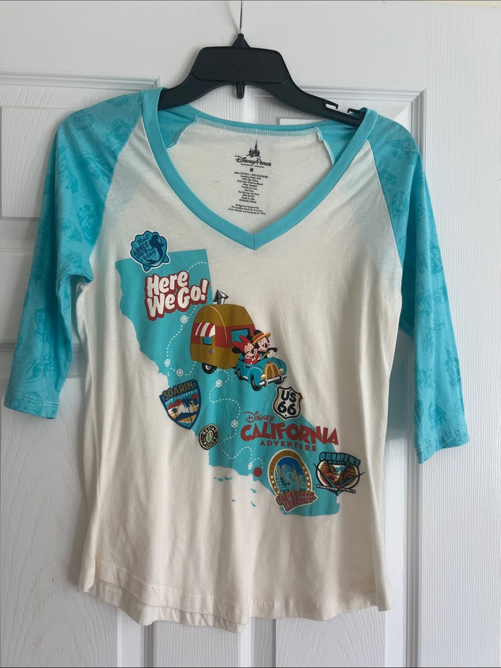 Disney California Adventure Women’s V‑Neck Raglan Tee in Turquoise and Cream